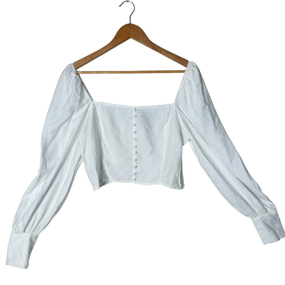 Womens L‎ White Corset Crop Top Long Sleeve Square Neck Coastal Cowgirl Western